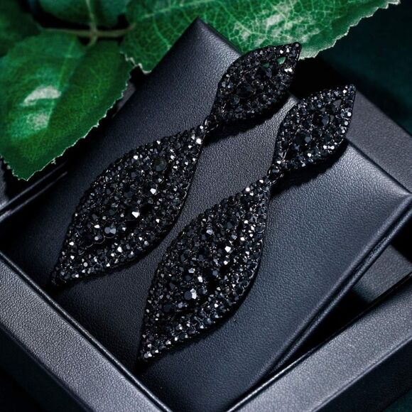 Carbon Black with Black Onyx Crystal Double Leaf Chandelier Post Back Earrings - Picture 2 of 6